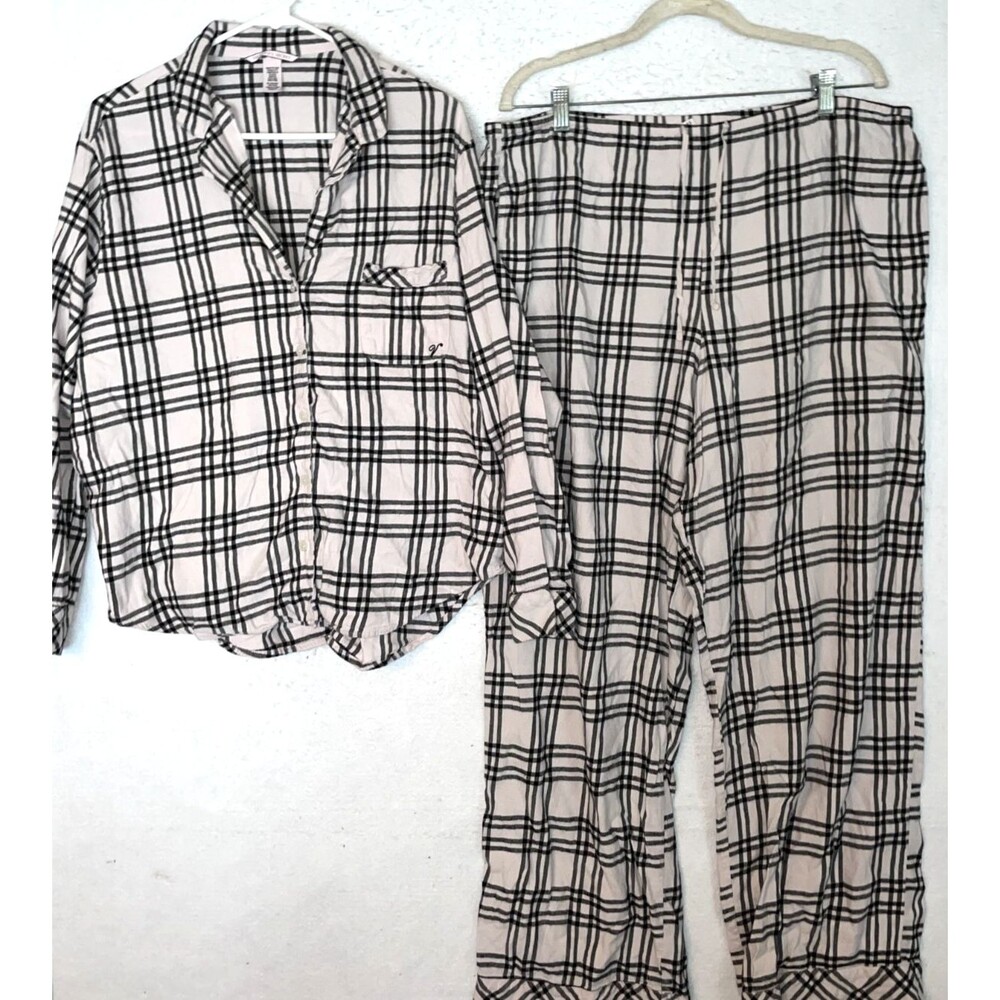 Victoria Secret Flannel Pajama Set Womens XL Pink Plaid button top pants Pockets
